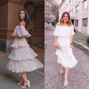 Lulus Gala Ready Blush Pink Off-the-Shoulder Ruffle Midi Dress M NWT